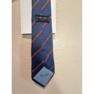CELINE Paris Silk Tie Navy Stripe Chain Motif Made in Spain